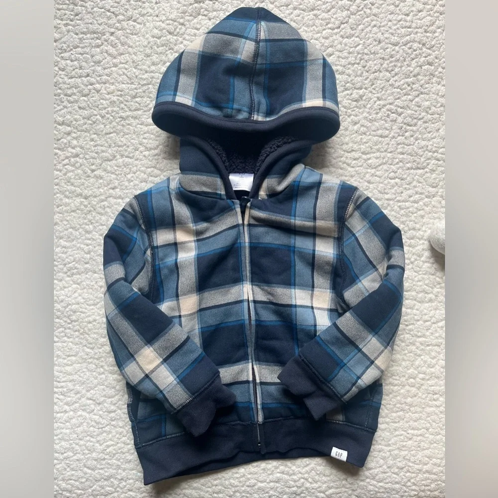 GAP blue plaid, sherpa lined full-zip hoodie, size 4T